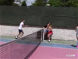 4 horny teenagers inhale and pound on tennis court